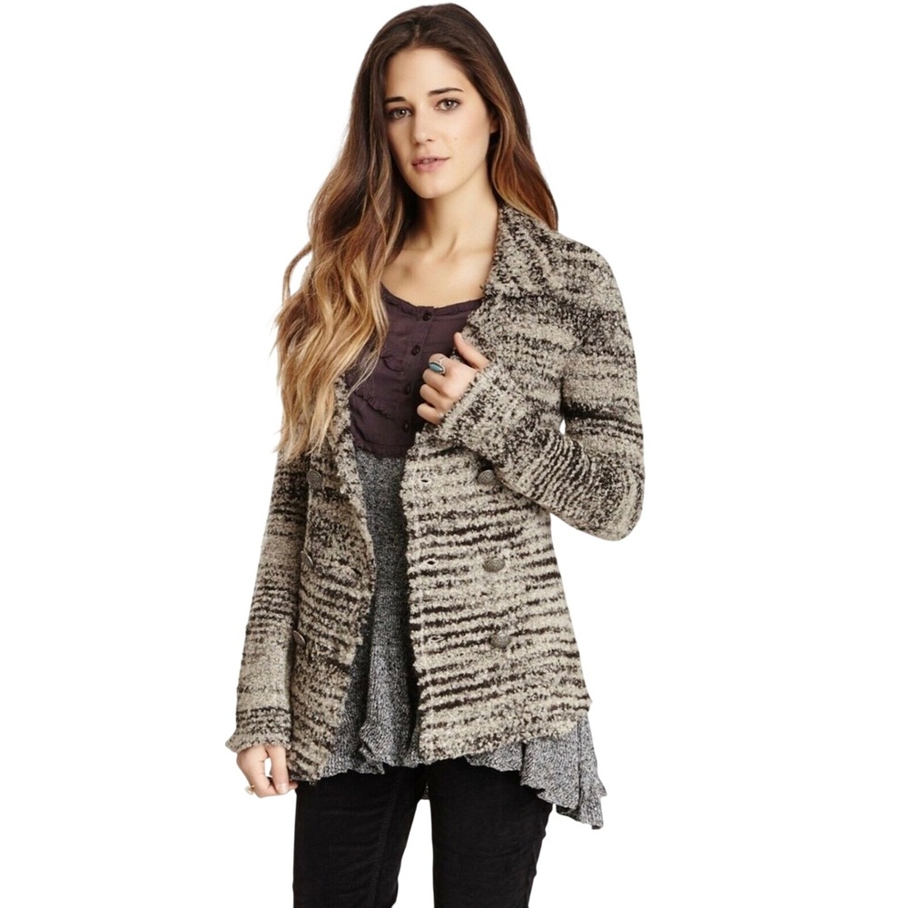 Free People Striped Boucle Knit Blazer Cardigan Jacket Tan Black SMALL